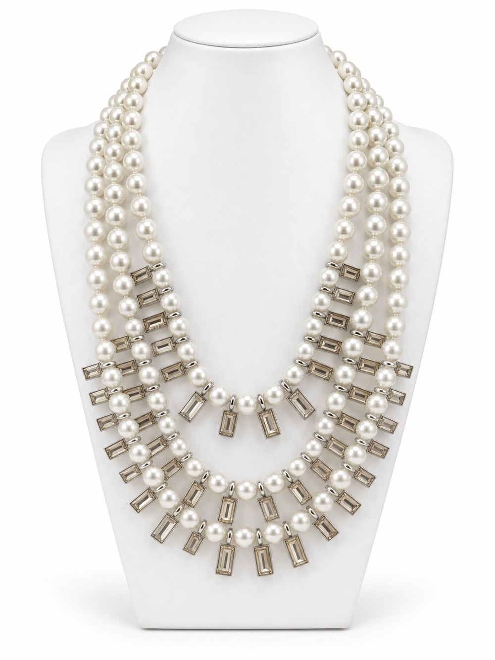 Vintage Premier Designs Triple Strand Faux Pearl Champagne Rhinestone Necklace